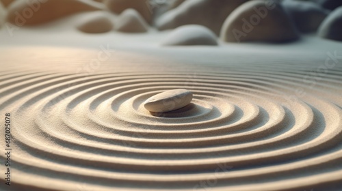 Zen garden meditation stone background for harmony, balance, and relaxation with replica space stones and lines in the sand for spa wellness