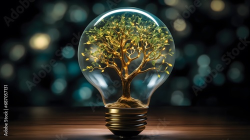 Blossoming Ideas: A Brilliant Light Bulb Housing a Tree of Growth and Creativity, Where Green Leaves Flourish and a Brown Trunk Symbolizes the Root of Innovation