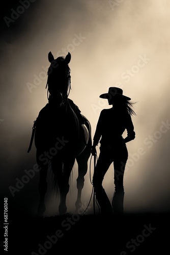 Silhouette of a cowgirl and a horse in the mist