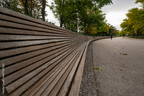 Long Bench in Madrid Rio Park, Madrid, Spain. High quality photo