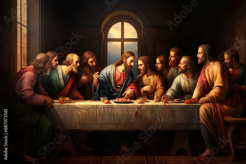 Last supper of Jesus Christ with apostles in Jerusalem, crucifixion and resurrection at Easter, christian religion and faith
