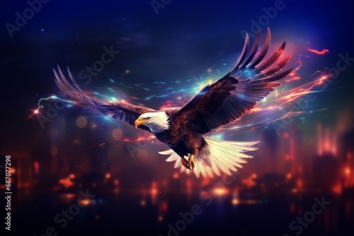 An Majestic Eagle Soaring Above the Vibrant City Lights at Night