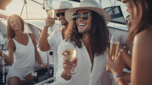 Group of diverse friends drink champagne while having a party in yacht. Attractive young men and women hanging out, celebrating holiday vacation trip while catamaran boat sailing. generative ai.
