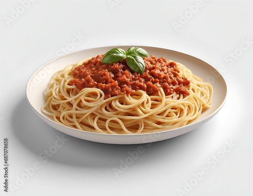 A plate of spaghetti with tomato sauce isolated on a white background.