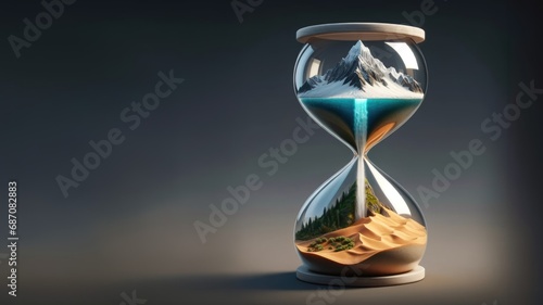 An artistic hourglass displays a microcosm of nature, featuring a majestic glacier melting into a waterfall that transitions into a serene desert landscape.