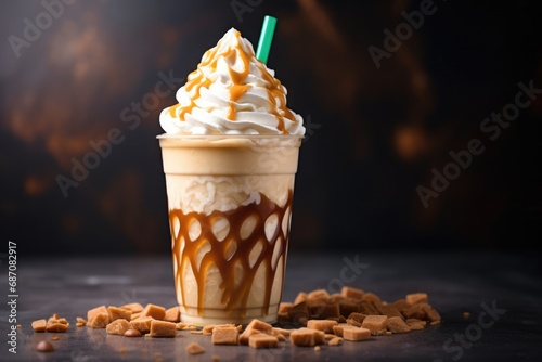 Delicious Caramel Frappuccino Served on Marble Table in Cafe. Fresh and hot drink with whipped cream
