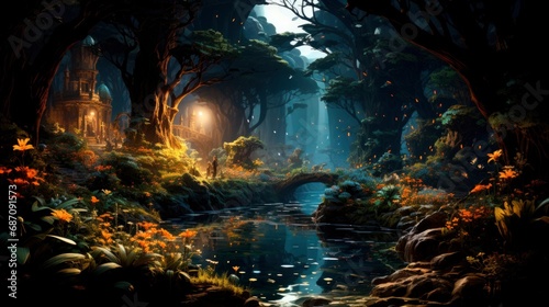 The forest at night is a canvas of fantasy, where magic breathes life into the green wilderness