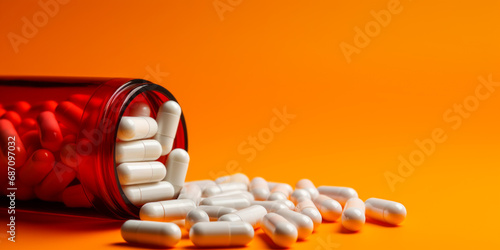 Spilled bottle of red and white capsules on a vivid orange background with ample copy space for medical and healthcare concepts