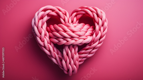 Pink sailor rope rolled into a heart shape on a solid pastel background. Heart-shaped sailor knots.