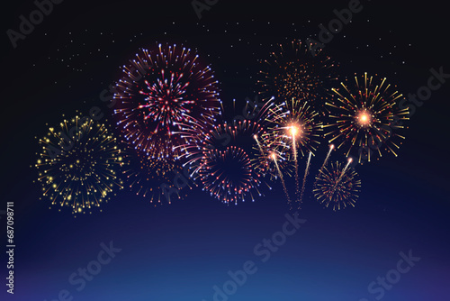 Happy holiday fireworks in night sky for your card design
