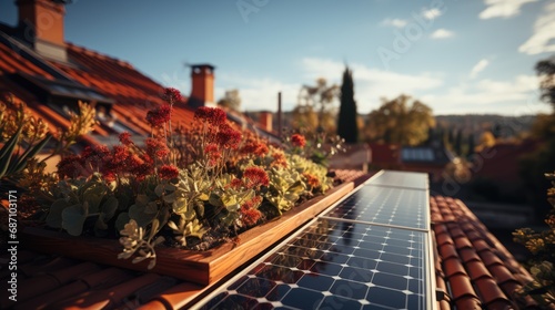 Solar panels on the roof of a house at dawn. The theme of ecology and reasonable economical consumption of electricity.