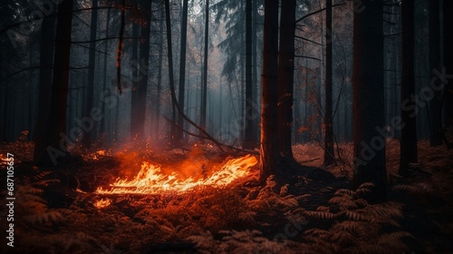 A forest fire ravages the landscape, depicting the alarming consequences of deteriorating ecology, rising temperatures, burning forests, peat fires, diminishing greenery, and climate change impacts.