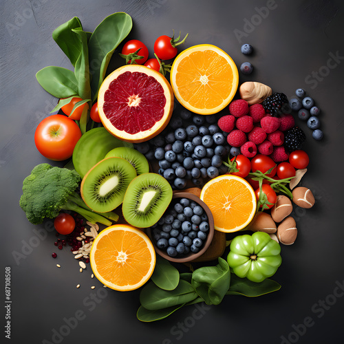 Nutrition and Diet: Visuals showcasing a balanced diet with fresh fruits and vegetables, promoting the importance of nutritious eating habits for overall health and wellness