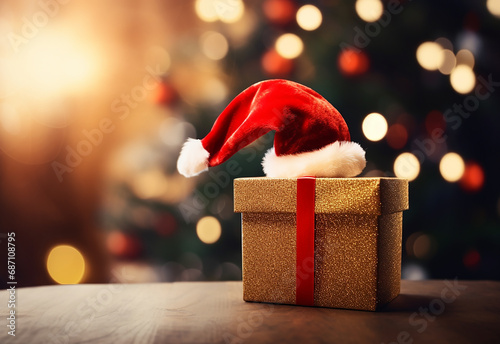 Chapéu de Natal segurando caixa de presente de Natal, fundo desfocado com luzes e decoração de Natal