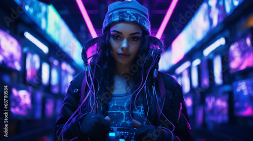 Futuristic self-portrait, cyberpunk themes, neon lighting, reflective accessories