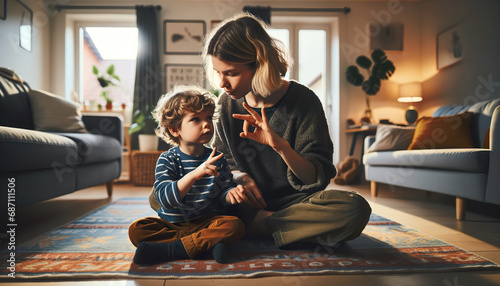 A mother teaches sign language to her young child. One of the best ways to start teaching sign language to kids is by teaching them basic vocabulary. 