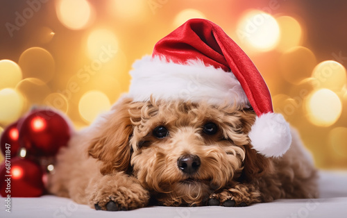 Cachorro poodle bonito deitado enquanto usava um chapéu de Papai Noel de Natal, decorações festivas de Natal desfocadas