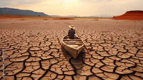  man on the boat in a dry lake, dry cracked soil