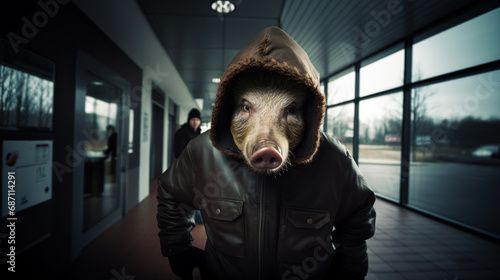 Thug with a face of a wild hog, aggression concept
