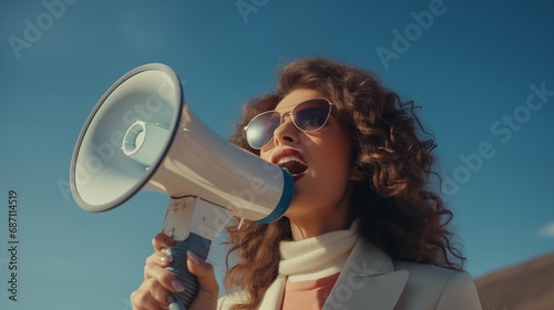 Businesswoman announces with professional flair through a megaphone, exuding confidence and authority, symbolizing effective communication and leadership in a corporate setting.