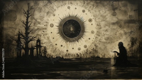Ancient Prophecy: Thales Predicting a Solar Eclipse in a Painting on Old Paper