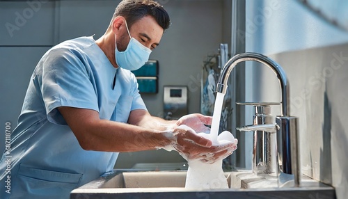 Un doctor, médico o cirujano con mascarilla lavándose las manos con jabón y agua del grifo, cumpliendo las normas de higiene. Esta imagen es ideal para proyectos relacionados con la salud e higiene.
