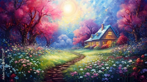 wooden cabin in pink cherry blossom forest in spring time, wildflower blossom field, Ai Generative 