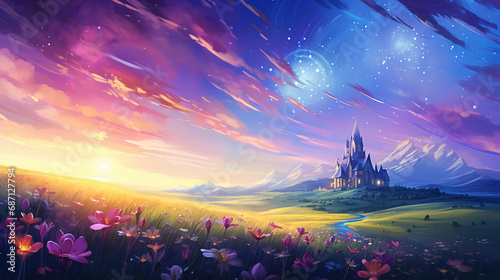 enchanted castle under gradient morning sky, flower field blossom , anime cartoon fairytale scenery wallpaper, Ai Generative 