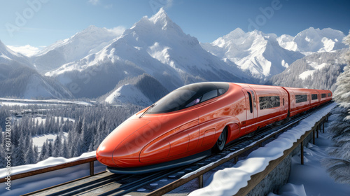 Concept of a Futuristic High-Speed Train Traveling over a Snow-Covered Landscape in the snow-covered Mountains in the Alps Brainstorming Background Cover Poster Digital Art Backdrop 