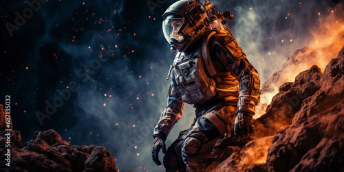 portrait of a female astronaut, full gear, against a backdrop of the cosmos, striking contrast, detailed space suit