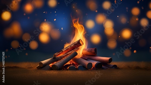 Lohri background with bonfire and bokeh lights.