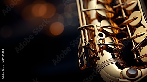Close-up details of a saxophone's keys and mouthpiece, background image, AI generated