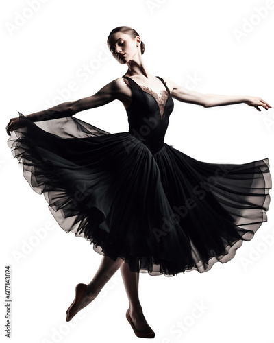 The figure of a ballet dancer in a black dress on a light transparent background. PNG file. Generative artificial intelligence