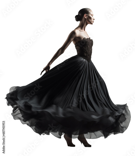 Woman in black dress. The figure of a ballet dancer in a black dress on a light transparent background. PNG file. Generative artificial intelligence