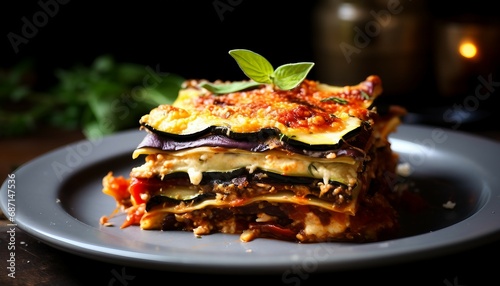 Freshly cooked lasagna with melting mozzarella cheese, Vegetarian lasagna with eggplant, zucchini and cheese