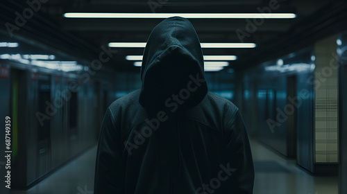 a very creepy man with a hoodie on over his head in a empty subway
