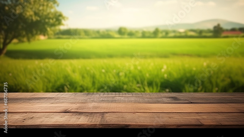 Empty old wooden table background, green field background.