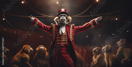 monkey in circus with red ringleader coat on brandish