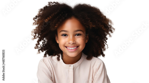 Child portrait, smiling kid with afro hair isolated on white transparent background, PNG