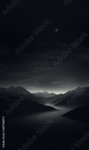 a dark landscape with mountains and water
