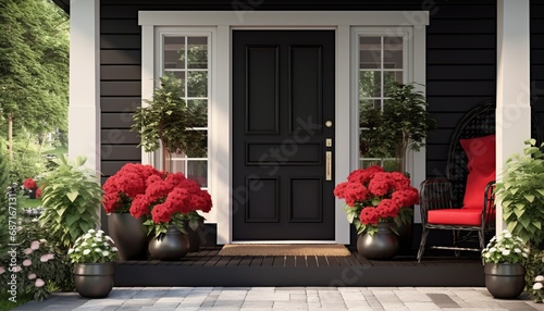 a front door of a house with a black door and potted plants
