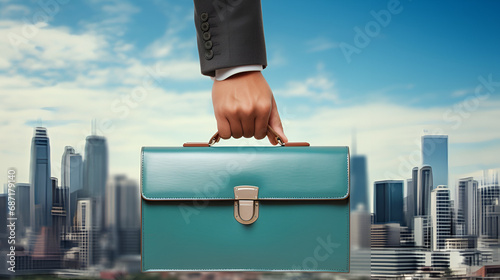 A professional's hand holding a teal briefcase