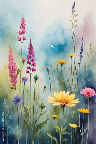 watercolor painting of a field of wildflowers on a rough, textured canvas.