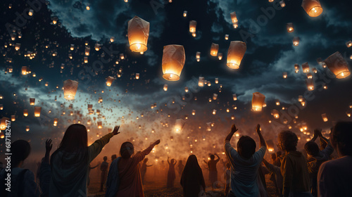 Sky Lantern Release: A portrait of a group releasing sky lanterns into the night sky during a celebratory event, symbolizing hopes and dreams.