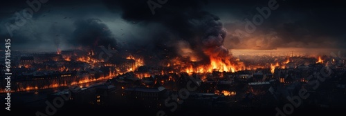 War and destroyed city with burning fire and smoke from earthquake, bomb explosion. Modern abandoned city devastated by explosion and chaos. Apocalypse concept. Doomsday, end of the world 