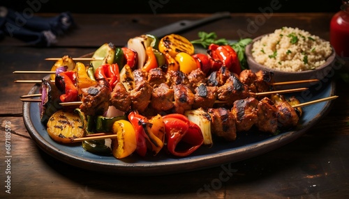 Grilled chicken skewers with a side of grilled vegetables on a sleek black plate, Grilled kebab with couscous and vegetables on a plate