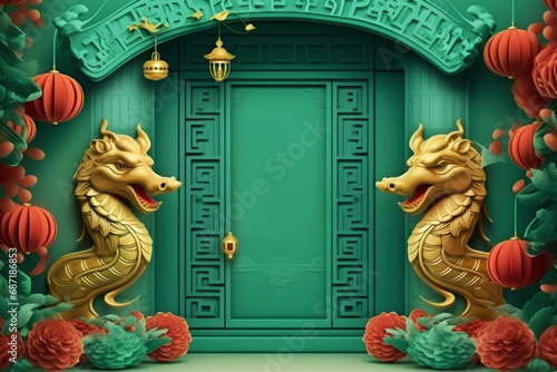 A banner for the Chinese New Year with two golden dragons on a green background. Generavite by ai.