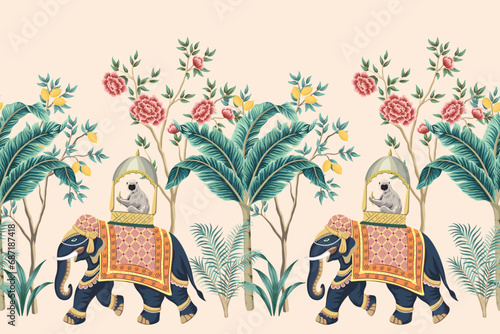 Vintage botanical palm tree, Indian elephant, lemur animal, lemon tree, rose flower, plant floral seamless border. Exotic chinoiserie mural. 