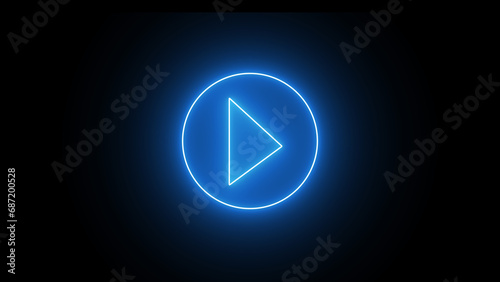 Glowing blue neon shine play button with neon circle. Wide gaming background with glowing play button. Press to play. Start button. Play button icon