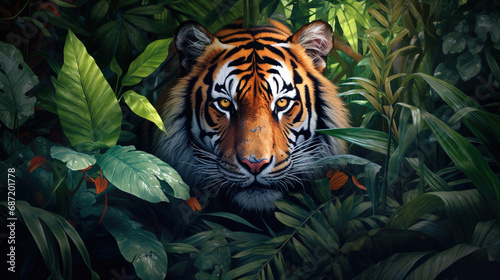 A tiger in the jungle, with its stripes and powerful muscles on full display. Generative Ai